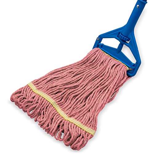 Image of SPARTA Flo-Pac Acrylic Mop Head, Loop-Ended, Narrow Band with 1 inch Yellow Band for Organized Cleaning, Small, Red (Pack of 3)