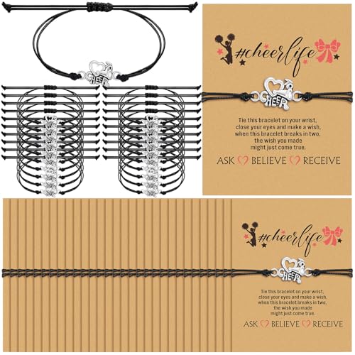 Huquary 48 Pcs Cheerleader Gifts Set Cheer Bracelets and Cheerlife Wish Card Adjustable Cheerleading Charm Bracelets Cheer Team Gifts for Team Cheerleader Jewelry Accessories