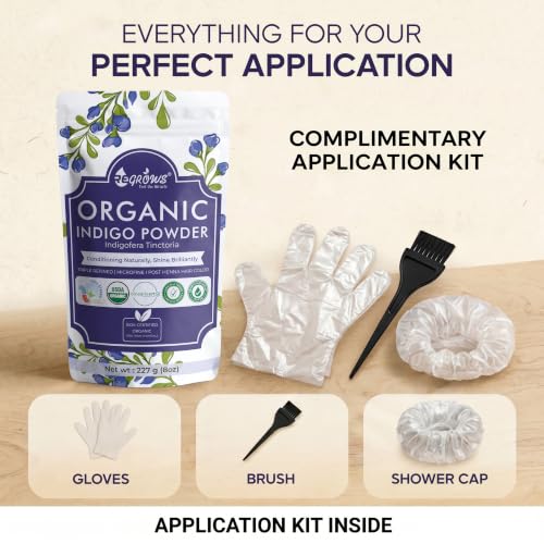 Image of ReGrows 100% Certified ORGANIC INDIGO powder | Dermatologically and Clinically Lab Tested Indigo Powder | USDA BIOAGRICERT Certified | Natural Black Hair Color After Henna | For Men and Women | No Ammonia No PPD | Includes Application Kit| Indigofera Tinctoria (227gm)
