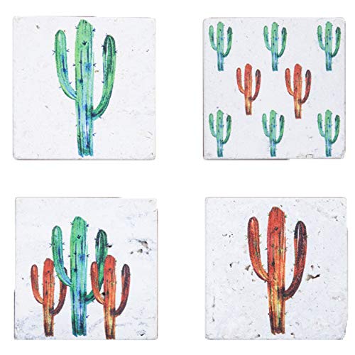 HiEnd Accents Bright Saguaro Cactus 4-PC Southwestern Coaster Set, Travertine