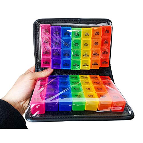 Tablettenbox 14 Tage 4 Fächer Morgens Mittags Abends Nachts Medikamentenbox Pillendose Groß mit Pu Leder Leicht zu Öffnen, Arthritis Friendly, BPA Frei, Regenbogen Cover