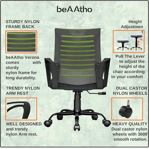 Image of beAAtho Verona Mesh Mid-Back Ergonomic Desk Office Chair with Tilting Mechanism, Comfortable Seat, and Revolving Heavy Duty Metal Base | Ideal for Work from Home & Study (Green)