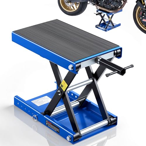 Image of VEVOR Motorcycle Lift, 1100 lbs Motorcycle Scissor Lift Jack with Wide Deck & Lock Pin, 3.74 inch-13.38 inch Center Hoist Crank Stand, Steel Scissor Jack for Street Bikes, Cruiser Bikes, Touring, Blue /Black