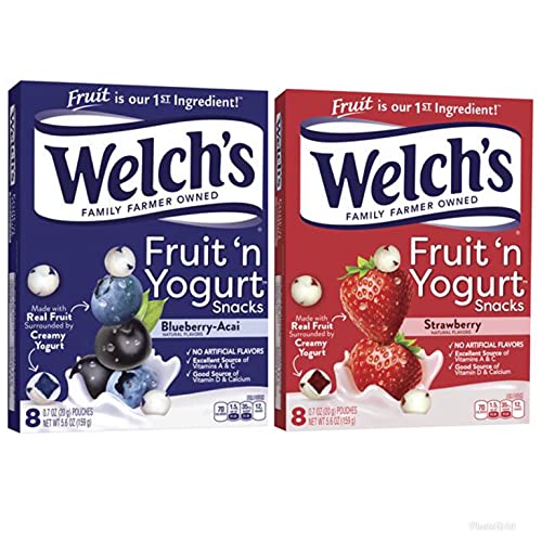Welchs Fruit n Yogurt Snacks Bundle - One 8 Ct Box of Blueberry-Acai and One 8 Ct Box of Strawberry, 16 Pouches Total