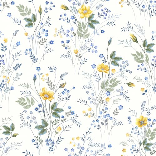 VEELIKE Delicate Yellow Floral Peel and Stick Wallpaper Boho Floral Wallpaper for Bedroom Nursery 17.7x118 Removable Self Adhesive Botanical Wall Paper Flower Contact Paper for Cabinets Drawers