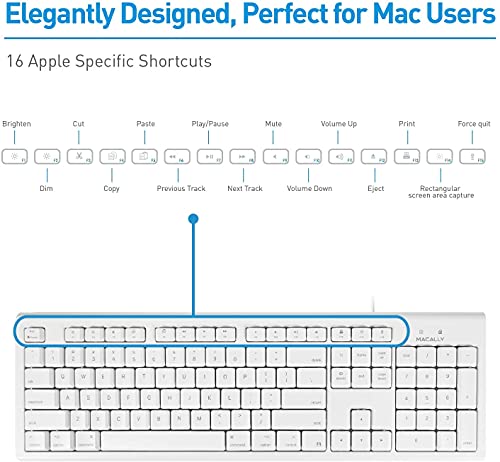 Macally Full-Size USB Wired Keyboard for Mac Mini/Pro, iMac Desktop Computer, MacBook Pro/Air Desktop w/ 16 Compatible Apple Keyboard with Numeric Keypad, Rubber Domed Keycaps - Spill Proof