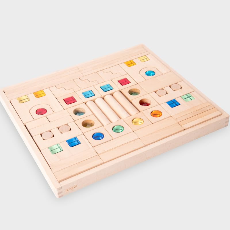 tickit Wooden Gem & Kaleidoscope Block Set – 82-teiliges sensorisches Bauset mit Holztablett für offenes, fantasievolles und lehrreiches Spielen