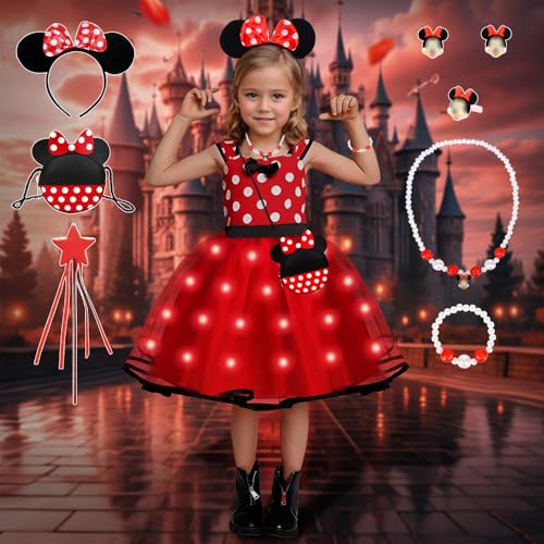 Vestido Princesa Niña, Disfraz Princesa Iluminado Niña con Bolsa de Orejas de Ratón y Juego de Collar, Vestido Tutu de Lunares para Niña Cumpleaños Fiesta Halloween Carnaval Cosplay