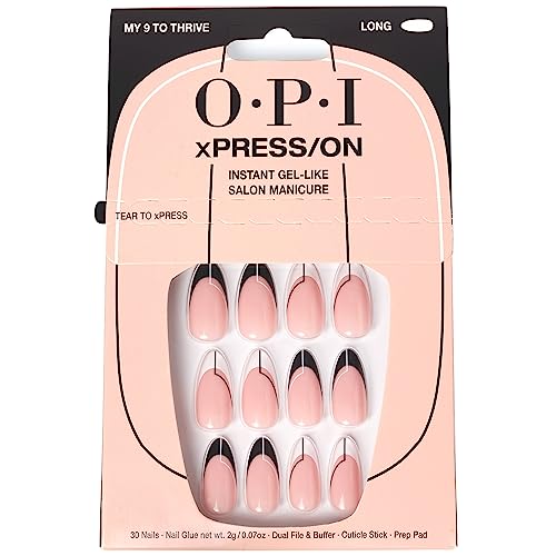 OPI xPRESS/ON My 9 To Thrive | Uñas Artificiales Largas en Forma de Almendra con Punta Francesa y Detalles en Negro | Con Pegamento de Uñas | Larga Duración, Reutilizables, No Dañan la Uña