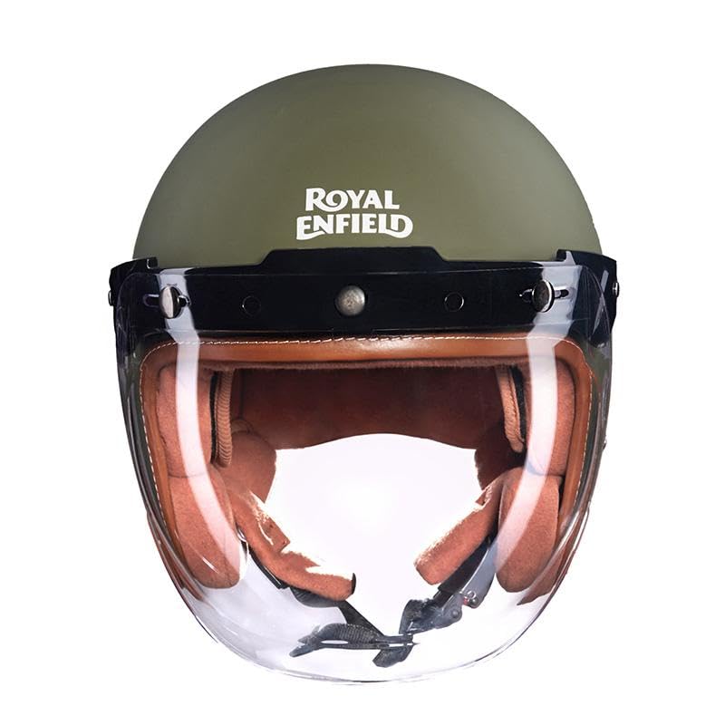Image of Royal Enfield Leather Trim Helmet(V) BTL Green L-600MM | Fit: Regular | Certification: ISI & DOT | Material : ABS | Type: Open Face with Bubble Visor | Gender: Unisex