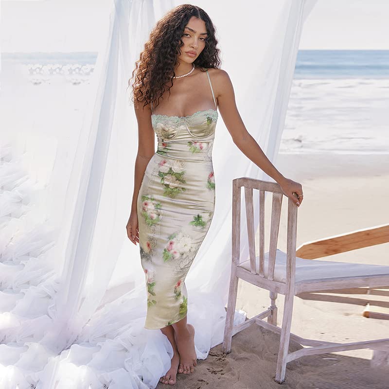 Image of ABINGOO Women Vintage Spaghetti Strap Maxi Dress Sexy Low Cut Backless Floral Satin Slip Long Dress Y2k Cami Bodycon Dresses