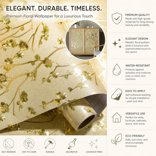Image of Golden Flowers Self Adhesive Wallpaper Roll for Wall & Furniture | Waterproof PVC Peel & Stick Contact Paper for Wardrobe, Cabinet, Kitchen & Home Decor