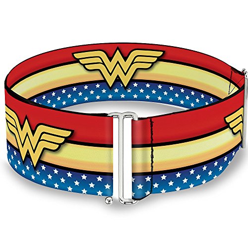 Buckle-Down DC Comics Belt, Cinch Belt Wonder Woman Logo Stripe Stars Red Gold Blue White, 3.0 Inch Wide, Adjustable