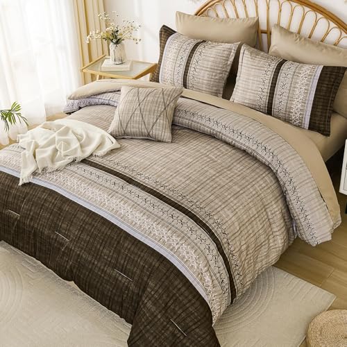 Image of Dintszyayue Brown Comforter Set Full Size, 8 Pieces Boho Striped Bed in a Bag Soft Microfiber Bedding Set for All Season