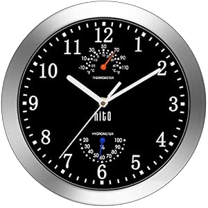 HITO 10 Inch Silent Wall Clock Battery Operated Non Ticking Glass Cover Silver Aluminum Frame, for Kitchen, Bedroom, Home Office, Living Room Decor (Black)