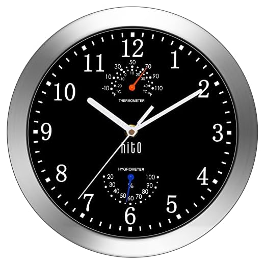 HITO 10 Inch Silent Wall Clock Battery Operated Non Ticking Glass Cover Silver Aluminum Frame, for Kitchen, Bedroom, Home Office, Living Room Decor (Black)