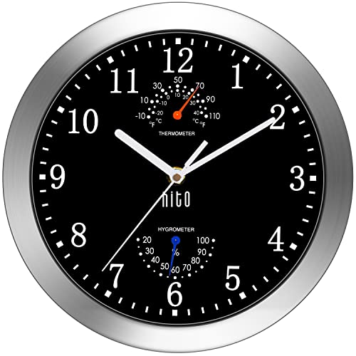 HITO 10 Inch Silent Wall Clock Battery Operated Non Ticking Glass Cover Silver Aluminum Frame, for Kitchen, Bedroom, Home Office, Living Room Decor (Black) by HITO - Used condition - US$17.59