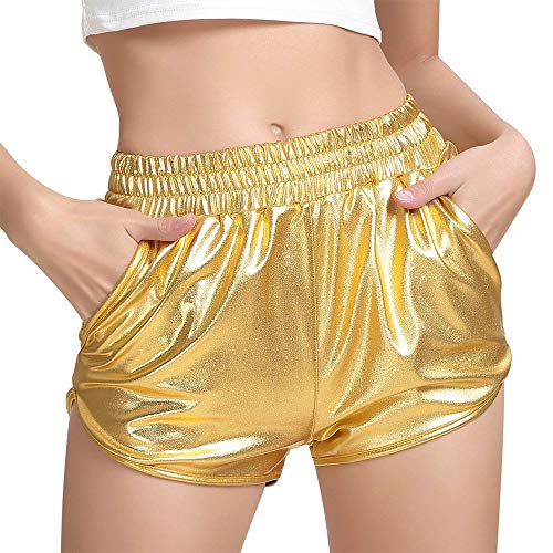 MAKARTHY Womens Metallic Shorts Elastic Waist Shiny Sparkly Rave Pants (Gold X-Large)