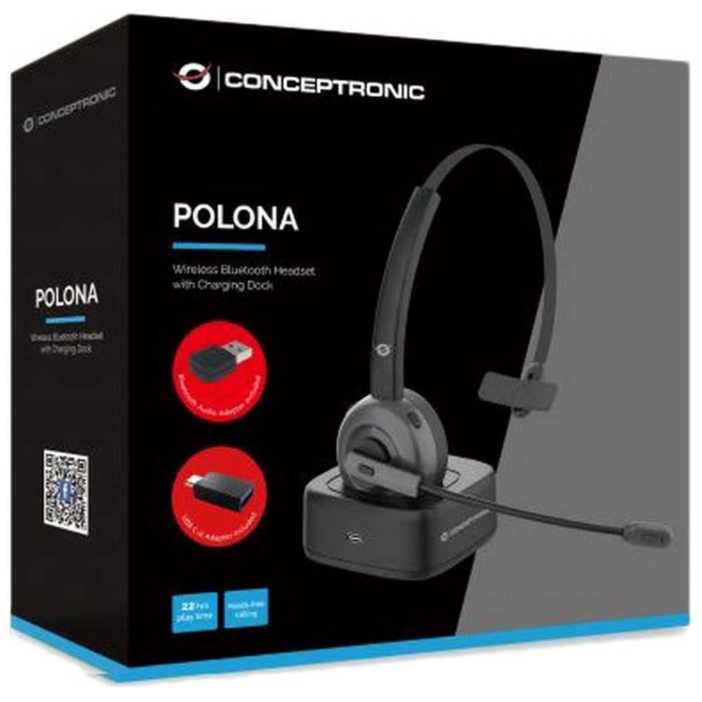 Conceptronic POLONA03BDA - Auricular Bluetooth inalámbrico con Cargador y Adaptador de Audio Bluetooth