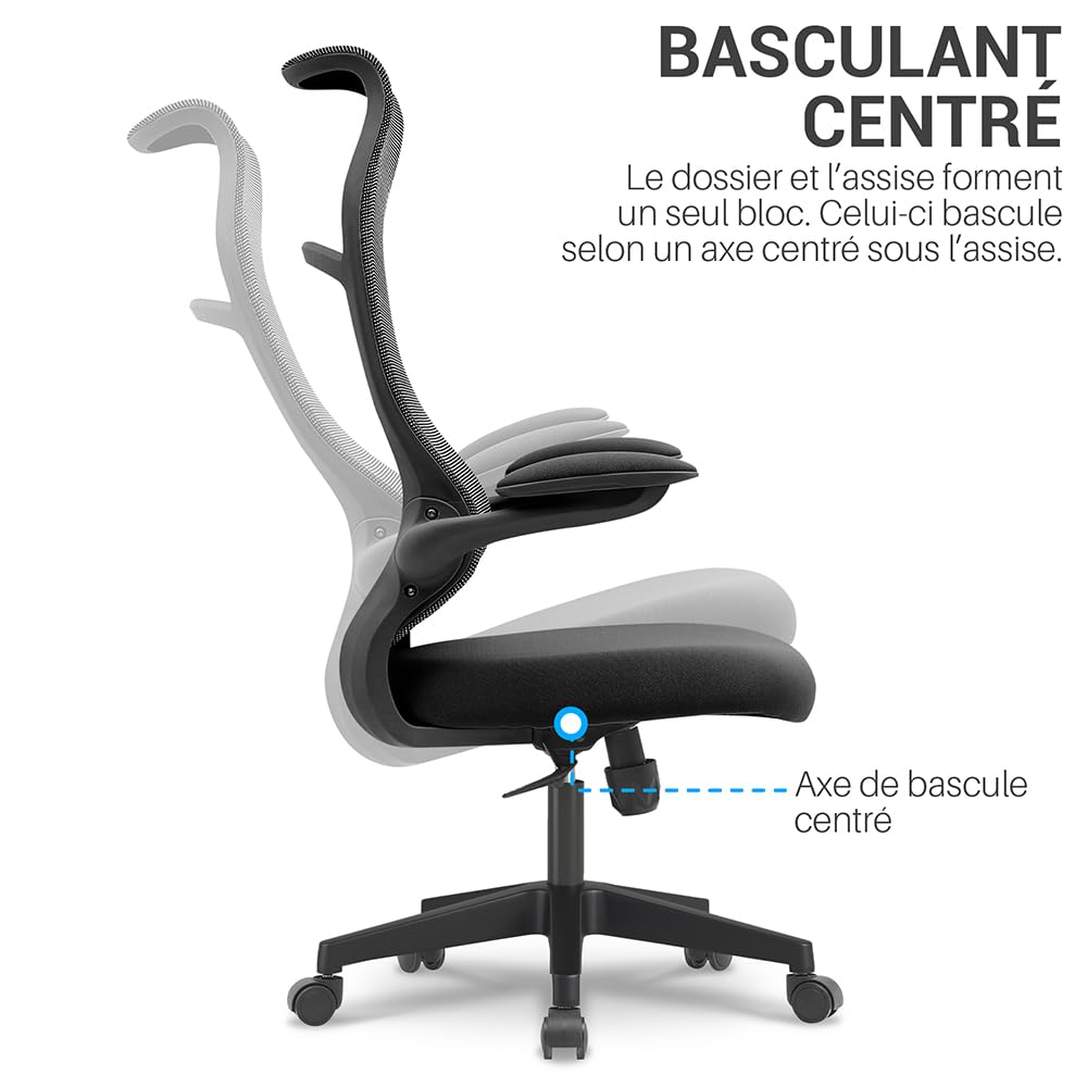 Waytex Poltrona da ufficio ergonomica in tessuto – schienale alto traspirante in rete, braccioli 2D sollevabili e girevoli, meccanismo basculante centrato, altezza seduta regolabile – nero