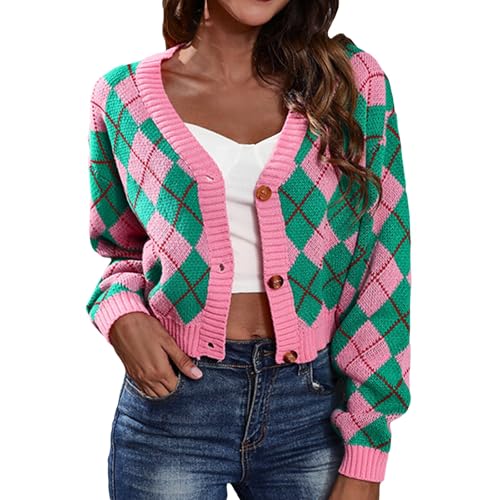 Image of Wowcarbazole Women's Knit Cardigan Sweaters Long Sleeve Argyle Open Front Button Down V Neck Cropped Coats Casual Trendy Tops(Pink Green-L)