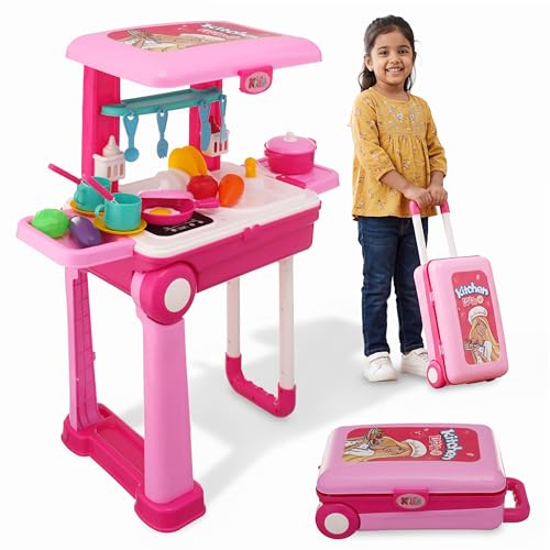 Image of Lifelong Big Kitchen Play Set for Kids 3-5 Years | Portable Suitcase Toy Kitchen | 28-Piece Pretend Cooking Accessories with Stove, Pots, Pans & Play Food | Plastic Playset for Girls (Pink, 39*20*12)
