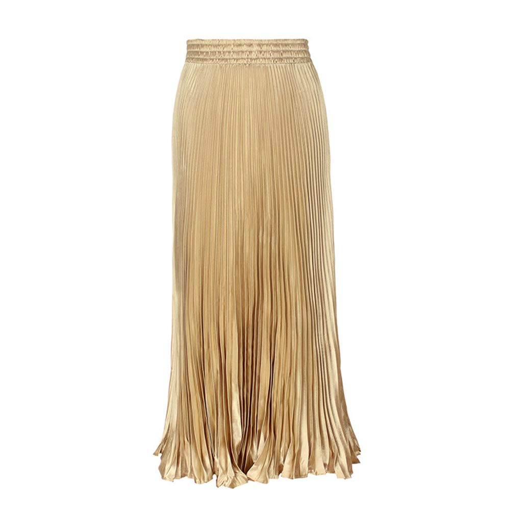 Morbuy Women's Gold Long Skirts For Metallic Luster Elastic Waist Organ Skirt High Waist Maxi Pleated Skirt. (Gold)