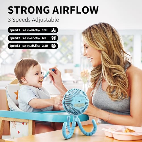 Image of AMACOOL Battery Operated Stroller Fan, Baby Travel Essentials for Beach Disney, Newborn Boy & Girl Showers Gifts Registry Search, Flexible Tripod Clip On Fan for Car Seat Wagon Crib Bike Treadmill