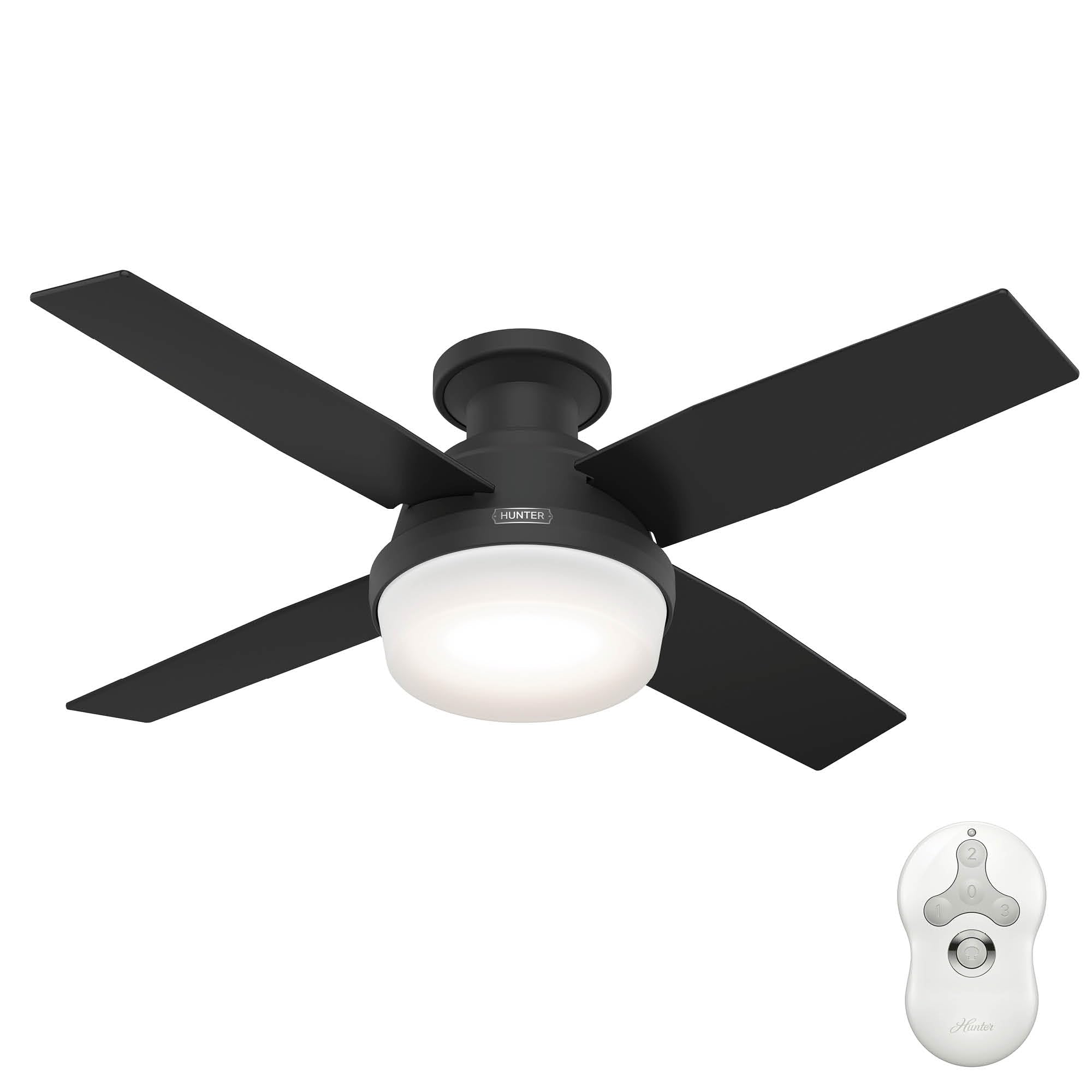 Hunter44 inch Indoor Ceiling Fan with LED Light and Remote Control - Black Modern Ceiling Fan, Low Profile Mount, 4 Blades, for Bedroom, Living Room, or Kitchen, Quiet - Dempsey 52390, Matte Black