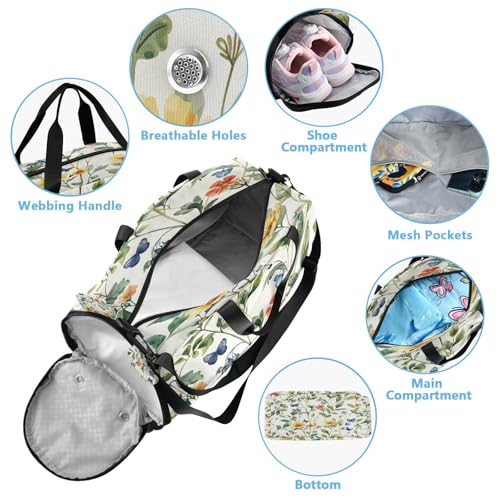 YETTASBIN Sport Travel Duffel Bag for Girls Boys, Flower Leaves Large Waterproof Weekender Overnight Bag, Detachable Shoulder Strap Gym Bag with Shoe Compartment & Wet Pocket4