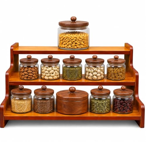Image of Wooden 3 Tier Kitchen Organizer Rack for Countertop | Spice Rack Stand for Kitchen Counter | Masala Storage Shelf | Multipurpose Kitchen Storage Rack - Brown
