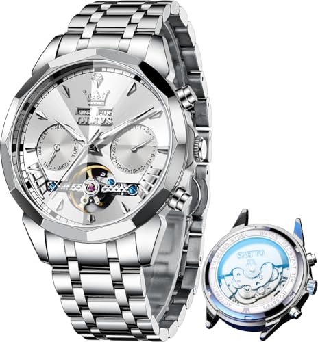 Image of OLEVS Automatic Self Winding Men's Wrist Watch Skeleton Stainless Steel Calendar Chronograph Waterproof Luminous Luxury Gift Branded Watch for Man