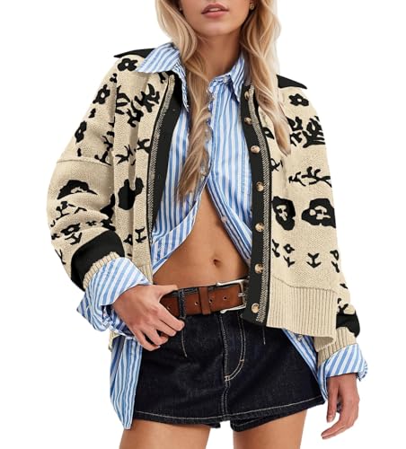 MISSACTIVER Floral Print Button Down Cardigan Sweaters for Women Long Sleeve V Neck Open Front Knit Crop Tops Fall Jacket3