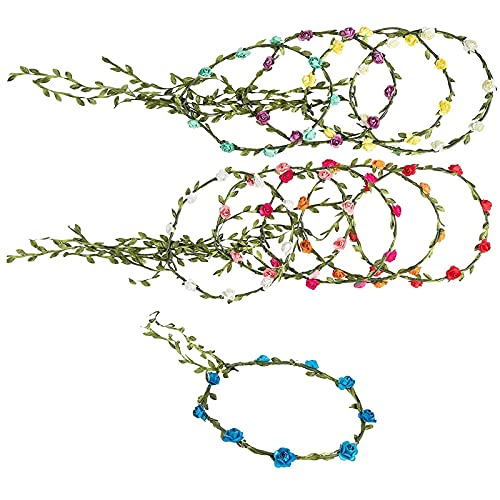 Flower Headbands - 10-Pack Adjustable Floral Wreath Headbands, Crown Garlands for Girls and Women - Great for Weddings, Festivals, Bridal Events, Parties, Hippies, 10 Assorted Colors, One Size