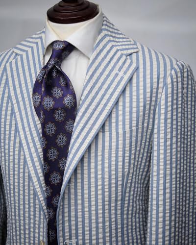 Seersucker Suit Mens Casual 2 Piece Striped Mens Suit Leisure 2 Button Notch Lapel Tuxedo for Summer Wedding Grooms3