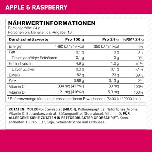 Optimum Nutrition Apfel-Himbeer-Geschmack: Fertiges Molkenprotein-Isolat und Kollagenpeptid-Pulver mit Vitamin C und D, mit Süßungsmitteln, 10 Portionen, 240 g