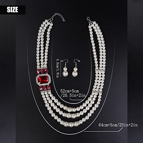 Aimimier 1920S 3-Strand White Faux Pearl Necklace And Earrings Set With Red Crystal And Rhinestone Long Pearl Necklace Statement Women Jewelry #TOP3