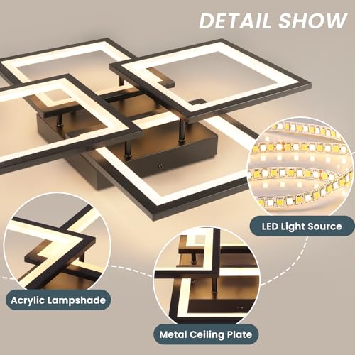 CANEOE LED Deckenleuchte,Dimmbar mit Fernbedienung & APP 4-Quadrat Deckenleuchte 55W 5000LM, Schwarz Deckenlampe für Wohnzimmer, Schlafzimmer, Küche, Flur, Balkon, Esszimmer, 3500-6500K