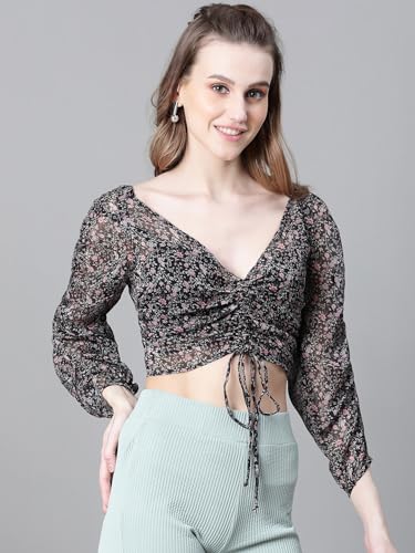 Image of oxolloxo Women Floral Print Semi-Sheer Round Neck Tie-Knotted Elasticated Long Crop Sleeve Top