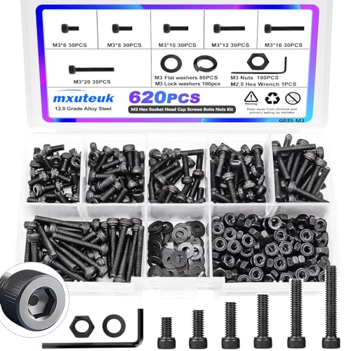 mxuteuk 620PCS M3 Schrauben kit M3 Schrauben für den 3D-Drucker 12.9-Legierungstahl 6/8/10/12/16/20mm Innenschrauben-Schraubens-Mutter-Kit