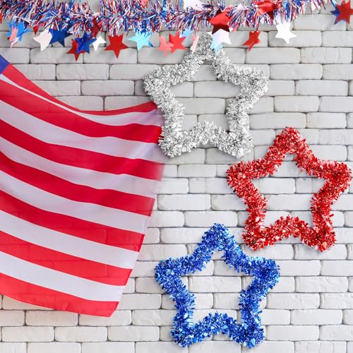 Image of 8 Pcs Patriotic Party Set Includes 3pcs Patriotic Tinsel Star Wall Hanging Decor and 5pcs 33 ft Independence Day Glitter Shiny Twist Tinsel Garlands for Memorial Day Party Tree Home Hanging Decor