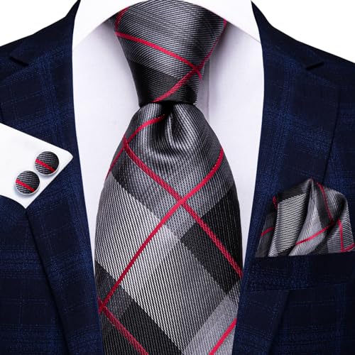 Image of Hi-Tie Mens Plaid Ties Classic Paisley Necktie with Handkerchief Cufflinks Set Business Stripe Tie