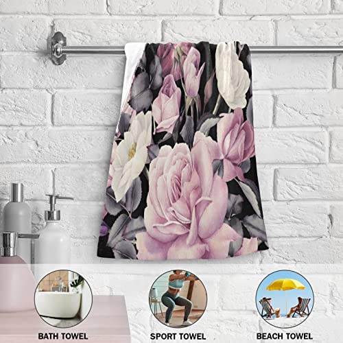 Shustary 2 Pack Rose Floral Hand Towels For Bathroom,Vintabe Pink White Peony Blossom Flower On Black Soft Absorbent Kitchen Dish Towels Decorative Hand Bath Towels For Shower,Face,Gym,Spa 14"X28" #TOP4