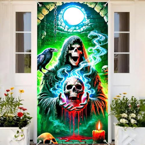 Image of BlissYard Halloween Door Cover Skull Skeleton 35x71 Inch Polyester | Door Banner, Wall Hanging | Skeleton Entry Decor, Skull Party Backdrop | Porch, Hallway, Photo Area (Gothic Art)