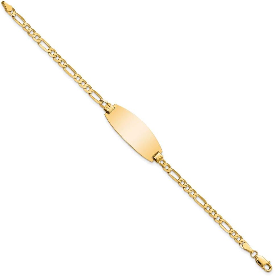 Engravable Personalized Custom 14K Yellow Goldy Oval Figaro ID Bracelet For Men or Women Length 8 inches Width 11.6 mm