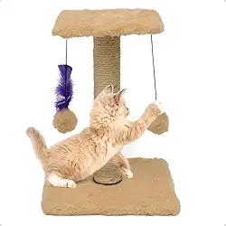 Arranhador Para Gatos Pet Poste Duplo Bege Sisal Brinquedo Com Bolinha Pena Duas Bases Carpete Anti Stress Anfia Unhas