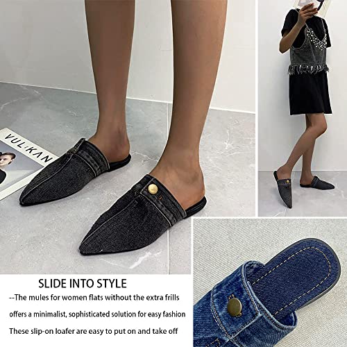 Women's Flat Mules Closed Pointed Toe Backless Slip-On Loafers Ladies Denim Baotou Clogs Half Slides Solid Color Sandal (Dark Blue,7,Female,Women) #TOP3