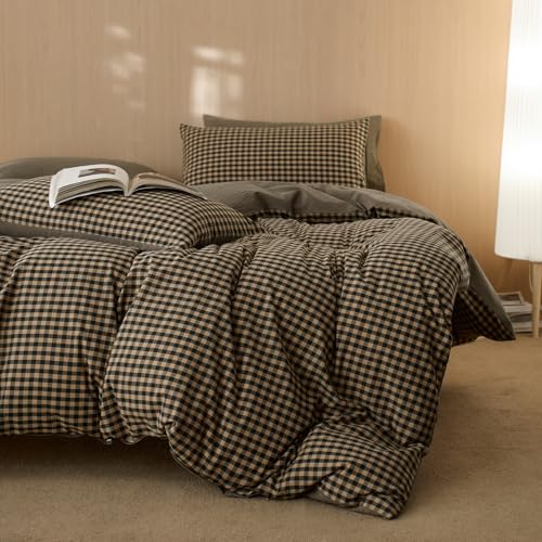 Image of EAVD Vintage Style Plaid Duvet Cover Set Full Soft 100% Washed Cotton Retro Black&Beige Grid Checkered Bedding Set with 2 Pillowcases Neutral Gingham Plaid Comforter Cover with Zipper Closure