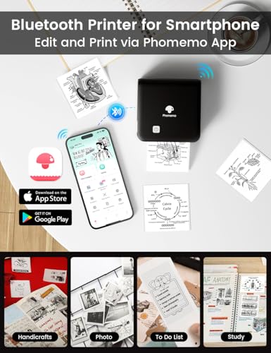 Phomemo M02 Pro 300 DPI Mini Drucker, Taschendrucker Bluetooth Fotodrucker für Smartphone, Thermodrucker kompatibel mit 15,25,50mm Papier, Ideal für Notizen, Studium, Scrapbooking, Fotos-Schwarz
