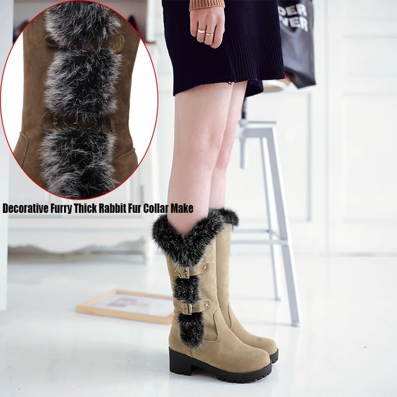 Women's Mid-Calf Winter Platform Hidden Wedge Boots Slip-on Thick Rabbit Fur Collar Warm Waterproof Stretch Leather Non-slip Snow Boot - Image 6